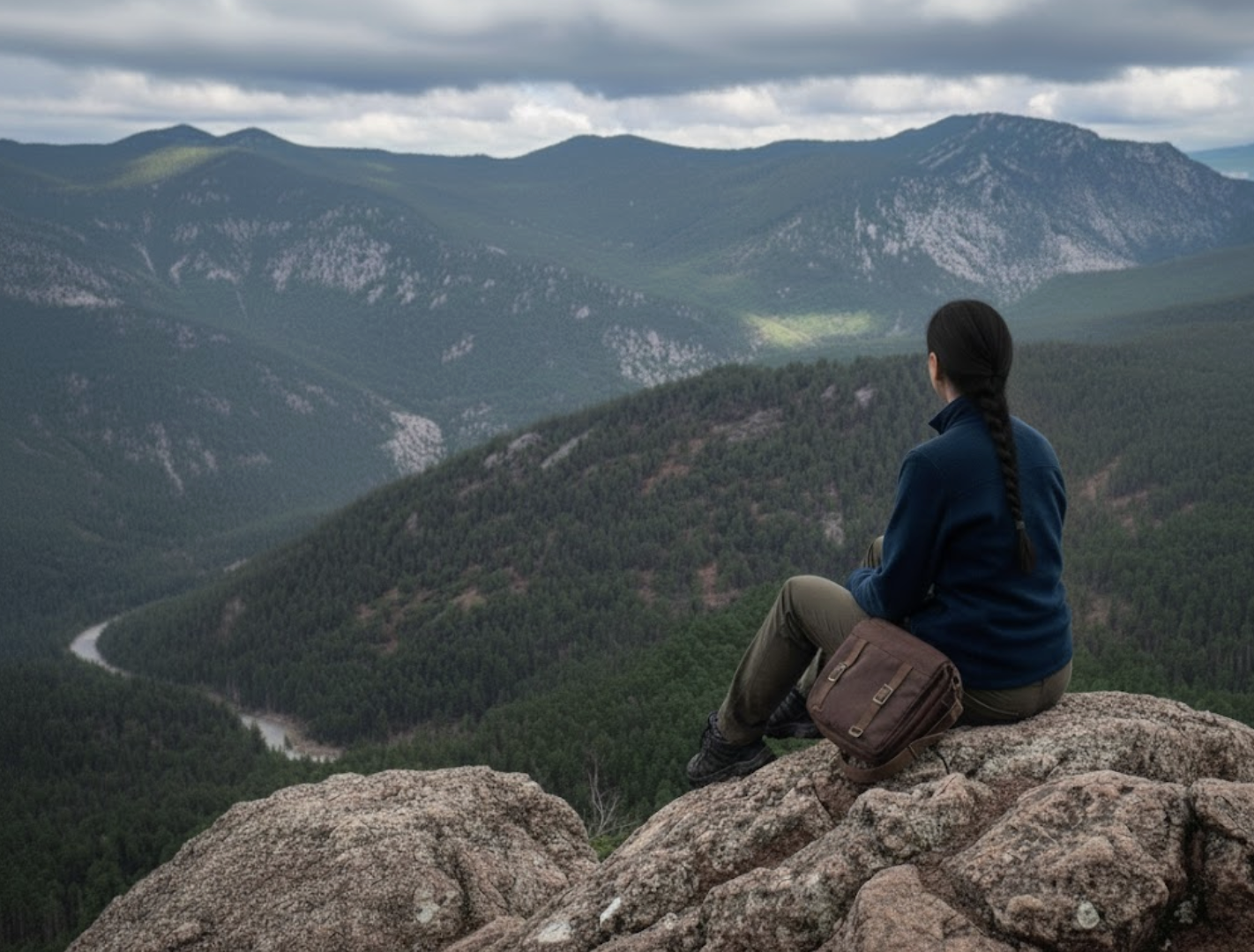 Person sitting on rock overlooking forested valley